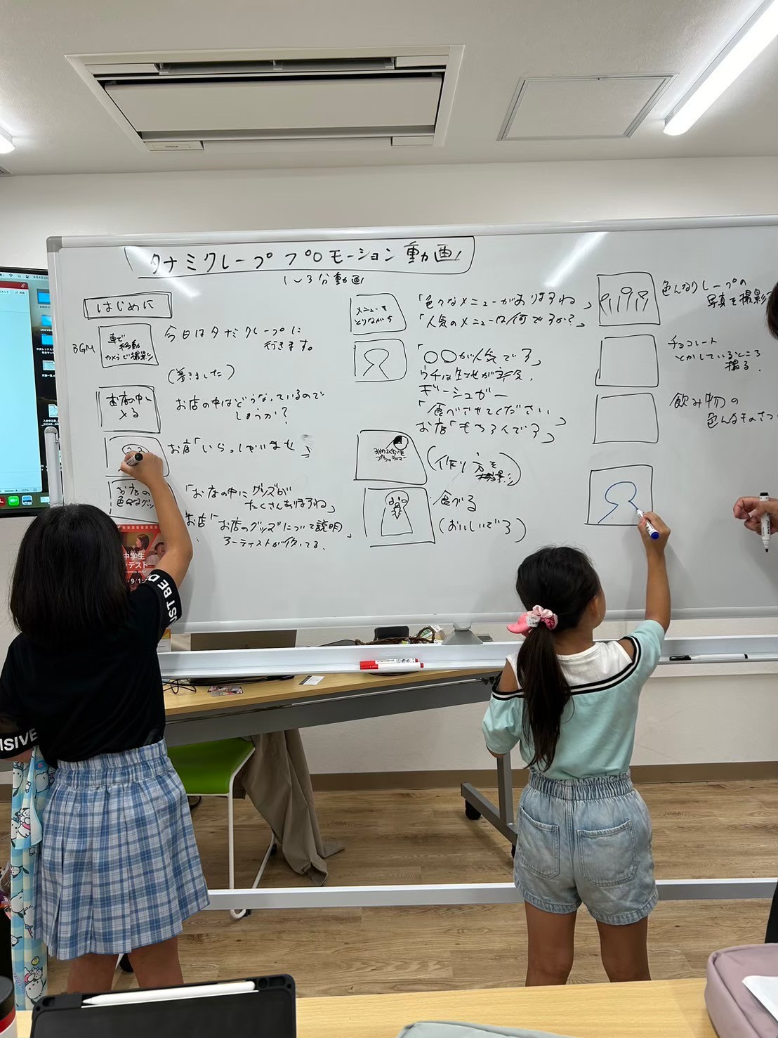 ホワイトボードを使って番組の企画を考える子どもたち
